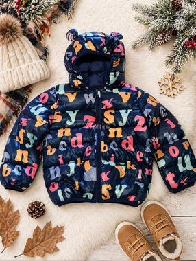 Bear Ear Puffer Jacket Girls Size 4T 4-5Y 110 Graphic Print Navy Hooded Coat New